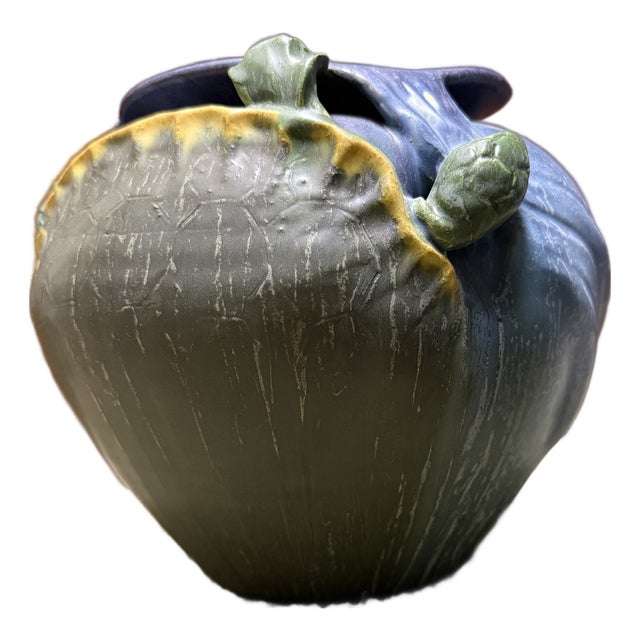 Ephraim Faience 2006 Hand Made Art Pottery Green Turtle Blue Ceramic Vase For Sale