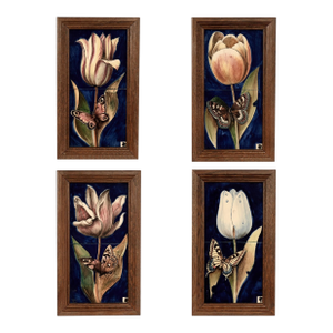 Group of Four Framed Tile Wall Art With Flowers and Butterflies