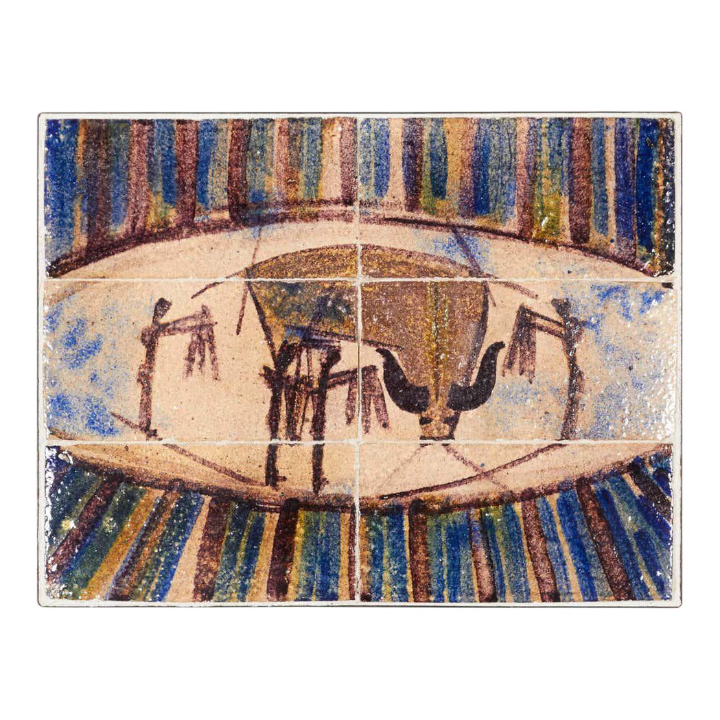 Mid-Century Primitive Abstract Glazed Tile Wall Panel With Bull | Chairish