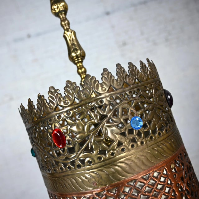 Mid-20th Century Moroccan or Moorish Style Embossed & Pierced Copper & Brass Pendant Light Fixture With Multicolored Jewels Made in India For Sale - Image 10 of 12