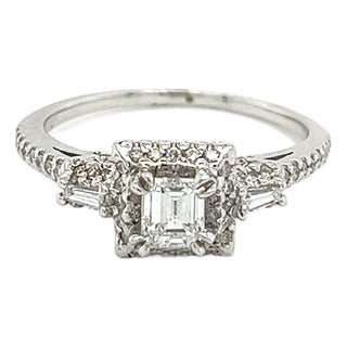 Vintage Dainty Emerald Cut Natural Diamond Ring in 18k White Gold, Size 6.5 For Sale