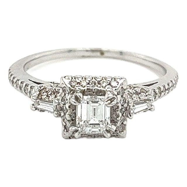 Vintage Dainty Emerald Cut Natural Diamond Ring in 18k White Gold, Size 6.5 For Sale