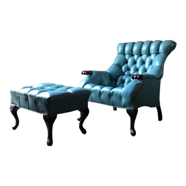 1950s Turquoise Tufted Leather Chair and Ottoman | Chairish