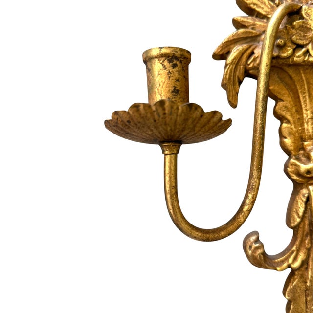 Vintage Italian Louis XVI Style Gilt Two-Arm Wall Candle Sconces 22" Tall - A Pair For Sale - Image 4 of 9