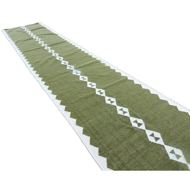 Handmade New Zealand Wool Dhurrie Runner, Olive Green and Cream Geometric Runner Rug- 3'x8' For Sale - Image 11 of 13