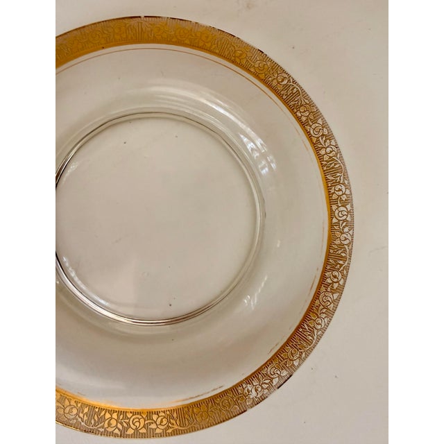 Rare 1930’s Vintage Set of 12 Tiffin-Franciscan Hand Blown Glass, Gold Etched Minton Band Salad, Dessert Plates- A Set For Sale - Image 10 of 11