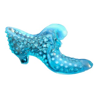 Vintage Fenton Hobnail Cat Head Art Glass Slipper Shoe, Turquoise Aqua Opalescent For Sale