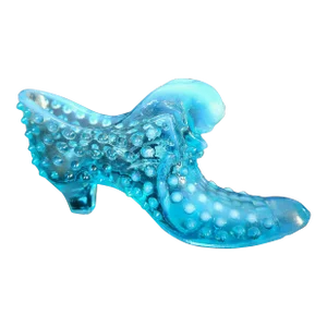 Vintage Fenton Hobnail Cat Head Art Glass Slipper Shoe, Turquoise Aqua Opalescent