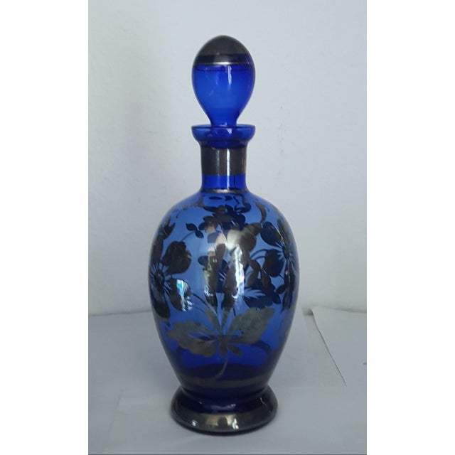 Blue Liqueur Glass Decanter and Glasses with Silver Overlay, Set of 7, in Very Good conditions. Designed 1920 to 1949