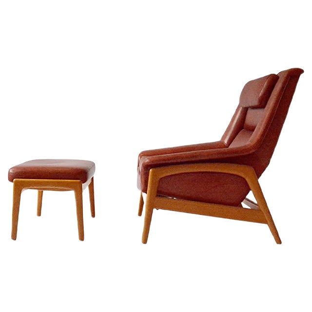 Set of Red Leather Armchair & Ottoman by Folke Ohlsson for Dux, 1960s For Sale