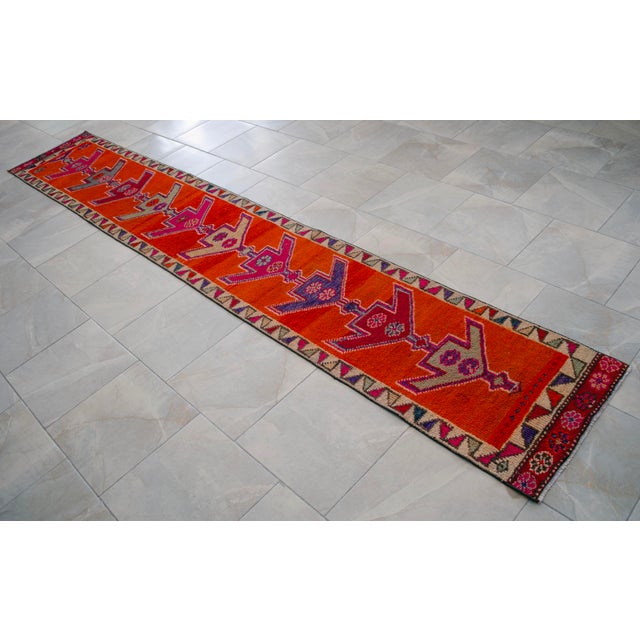 Hand-Knotted Turkish Runner Rug. Bright Orange Narrow Hallway Decor Kitchen Rug - 2' X 12'4" For Sale - Image 10 of 16