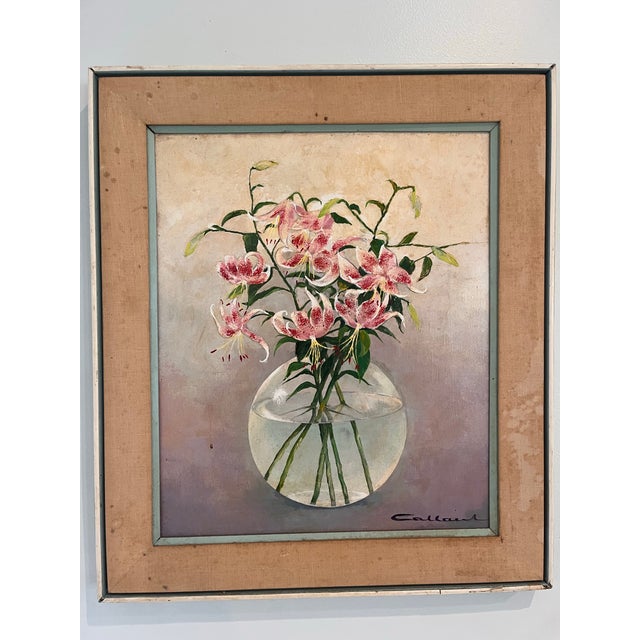 A beautiful signed mid-century original oil on canvas depicting an elegant arrangement of blooming Stargazer lilies...