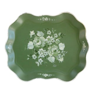 Green & White Tole Serving Tray With Roses For Sale
