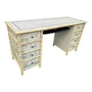 Faux Bamboo Hand Painted Blue and Creme Chinoiserie Desk For Sale