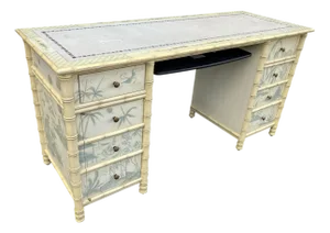 Faux Bamboo Hand Painted Blue and Creme Chinoiserie Desk