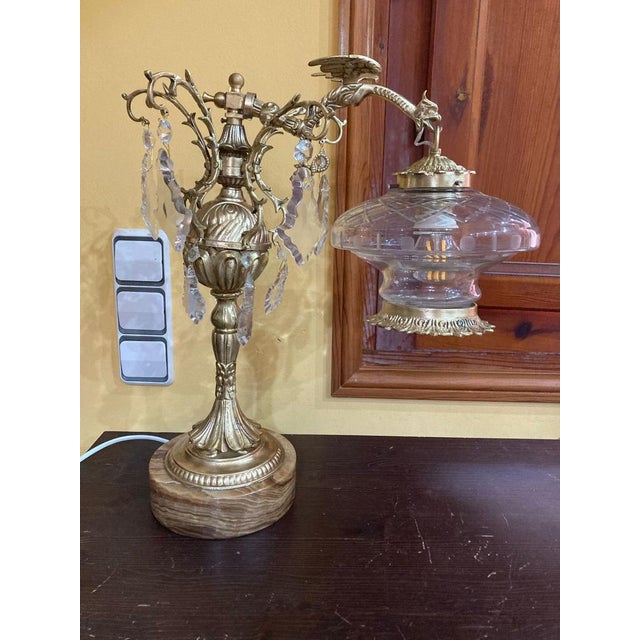 Traditional Bronze Table Lamp with Dragon Arm and Cut Glass Shade, 1940s For Sale - Image 3 of 18