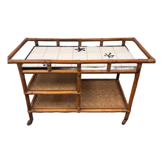 John Wisner for Ficks Reed Style Faux Bamboo Rattan Bar Cart With Tile Top, Mid-Century For Sale