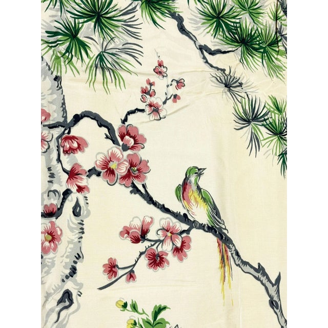Mid Century Silk Curtain Panel With Cranes, Pine, and Chrysanthemums - 2 Available For Sale - Image 4 of 7