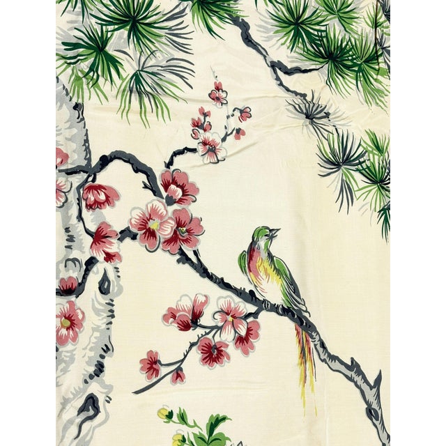 Mid Century Silk Curtain Panel With Cranes, Pine, and Chrysanthemums For Sale - Image 4 of 7