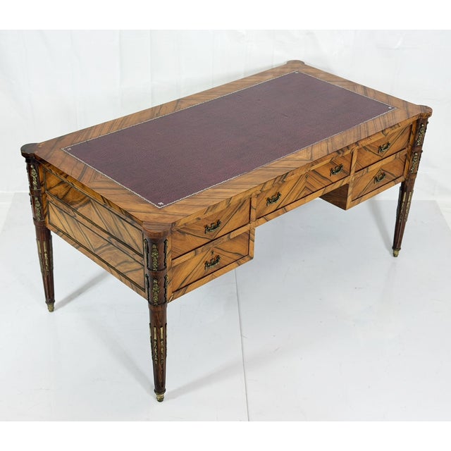Early 20th Century Antique Italian Louis XVI Walnut Bronze Leather Partner’s Writing Desk For Sale - Image 5 of 18