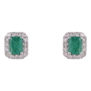 Art Deco Octagon Cut Emerald & Diamond Halo Stud Earrings - 2 Pieces For Sale