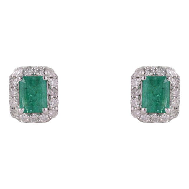 Art Deco Octagon Cut Emerald & Diamond Halo Stud Earrings - 2 Pieces For Sale