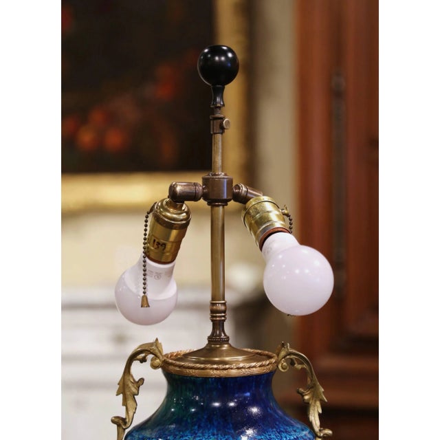 Blue Mid-Century French Blue Glazed Ceramic and Bronze Urn Table Lamp For Sale - Image 8 of 10