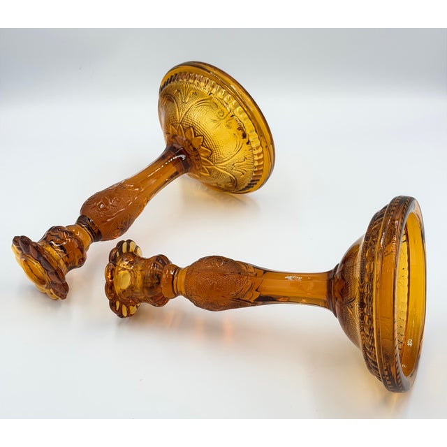 Shabby Chic 1960s Brockway Indiana Glass Large Tiara Amber Sandwich Candlesticks 9" Set For Sale - Image 3 of 7