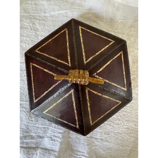 Late 19th Century Late 19th Century Maitland-Smith Hexagonal Leather Box With Brass Fist Finial For Sale - Image 5 of 12
