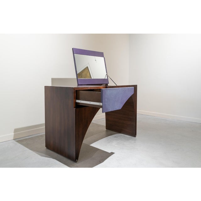 French Postmodern Dressing Table in Walnut Wood and Lilac Leather., 1980s For Sale - Image 4 of 16