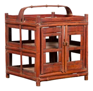 Chinese Vintage Bamboo Openwork Basket with Two Enclosed Shelves