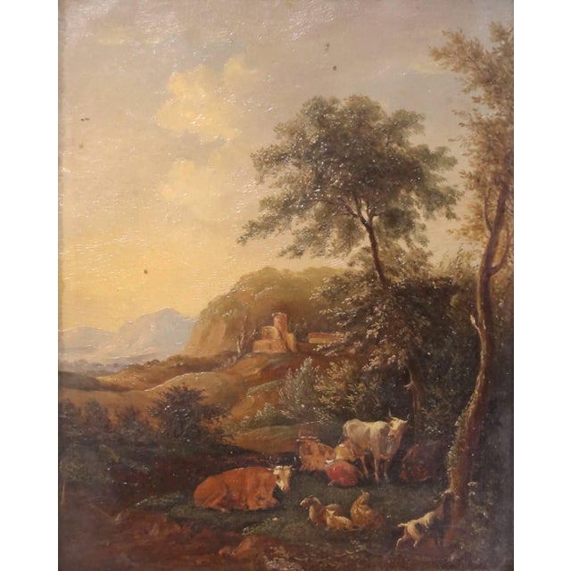 19th C. French Pastoral Landscape Painting on Board With Glass in Gilt Frame For Sale - Image 4 of 7
