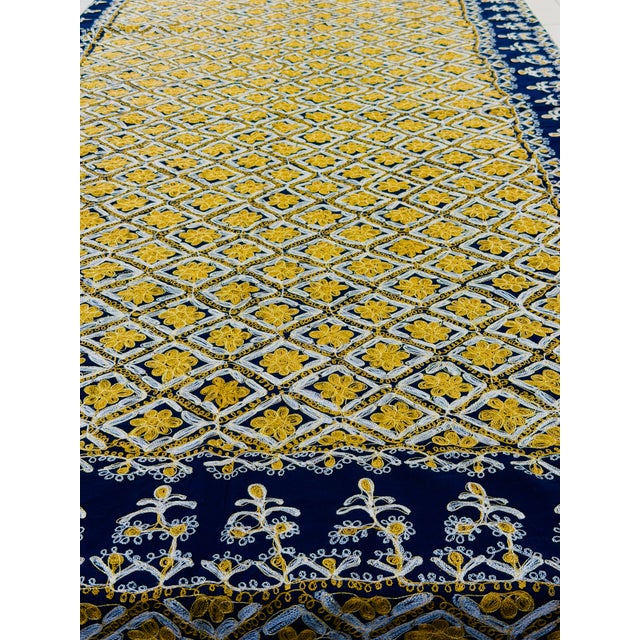 Metal Navy Mid 20th Century Never Used Ghabani Embroidered Tablecloth For Sale - Image 7 of 9