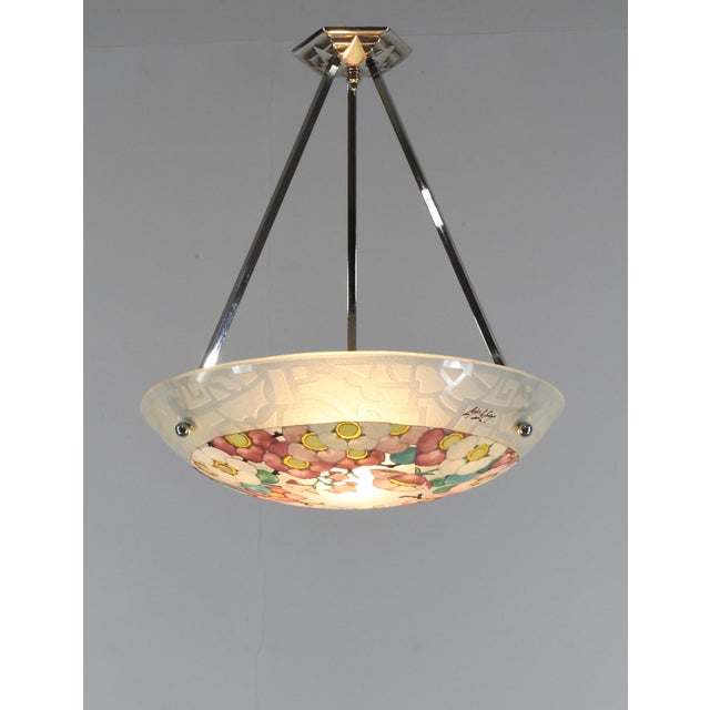 French Art Deco Pendant Light by Loys Lucha 1930s - Pink Enameled Floral Bowl For Sale - Image 6 of 13