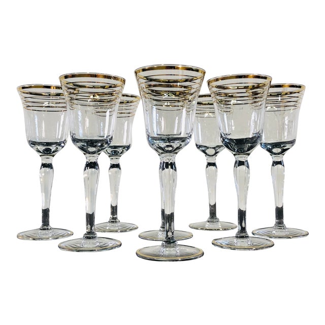 Vintage Art Deco Gold Ring Small Glass Stems, Set of 8 For Sale