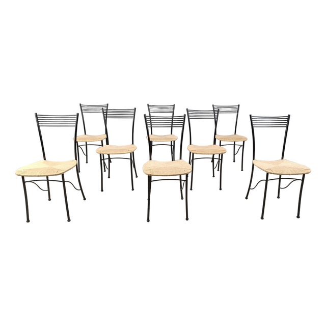 Vintage Italian Bistro and Papercord Dining Chairs, 1980s, Set of 8 For Sale