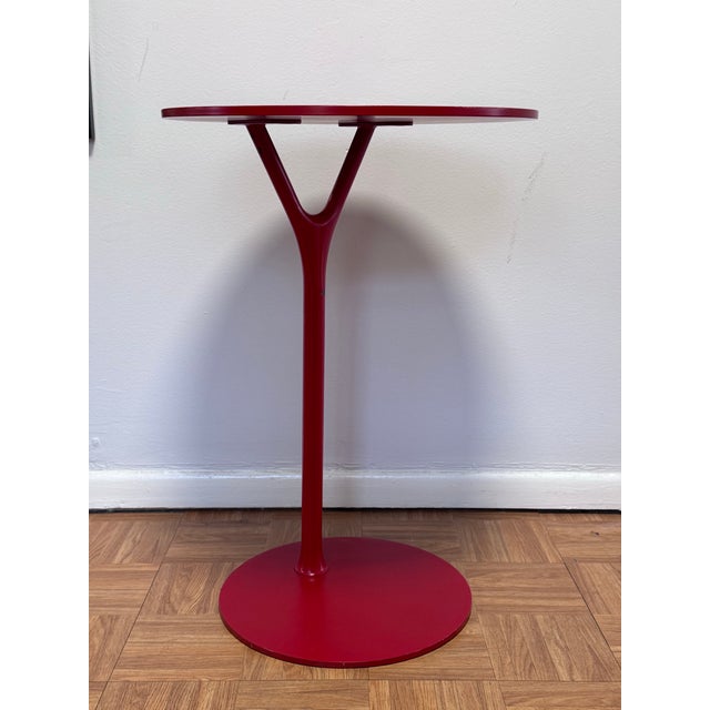 Bold Red Lacquered Steel Round Side Table with Sculptural Y-Fork Pedestal A serious statement in a small footprint. This...
