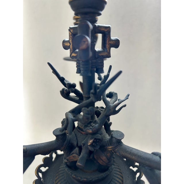 Antique Ornate Chinese Bronze Four Armed Candelabra For Sale - Image 10 of 11