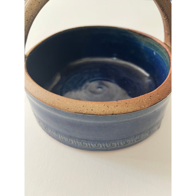 2000 - 2009 Vintage Handmade Blue Ceramic Decorative Basket or Serving Dish For Sale - Image 5 of 8