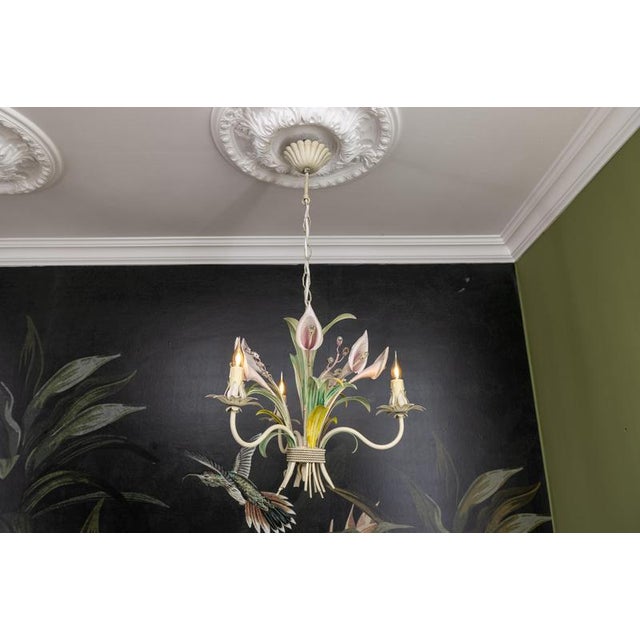 Green Hollywood Regency Pastel Color Callas Lily Flower Bouquet Metal Chandelier, 1970s For Sale - Image 8 of 18