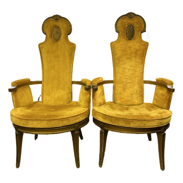 Gothic Revival Hollywood Regency High Back Gold Velvet and Wood Frame Chairs a Pair For Sale