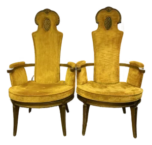Gothic Revival Hollywood Regency High Back Gold Velvet and Wood Frame Chairs a Pair