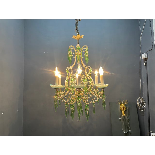 Opaline Glass Beaded Chandelier in Pastel Blue and Green Crystal Drops, 1950s For Sale - Image 11 of 15