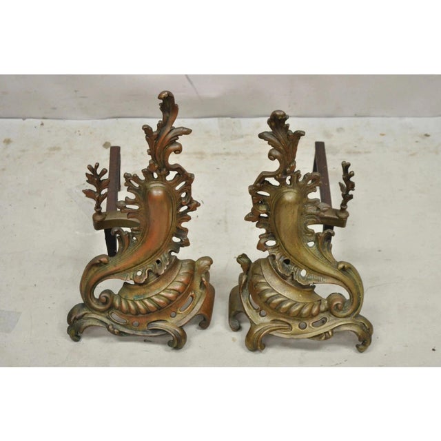 Antique French Rococo Baroque Style Brass Leafy Acanthus Andirons - A Pair For Sale - Image 11 of 12