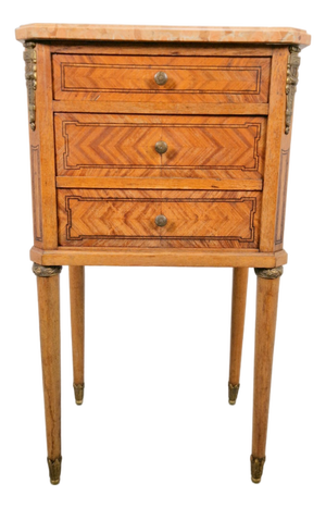 Vintage French Bedside Table with Marble Top and Brass Ornaments, 1920s