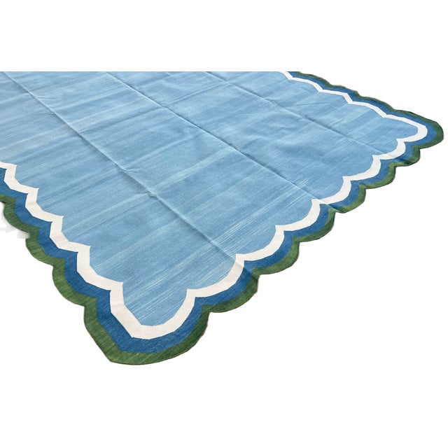 Not Yet Made - Made To Order Handmade Cotton Vegetable Dyed Scalloped Edge Rug Sky Blue With Forest Green Border - 10'x14' For Sale - Image 6 of 11