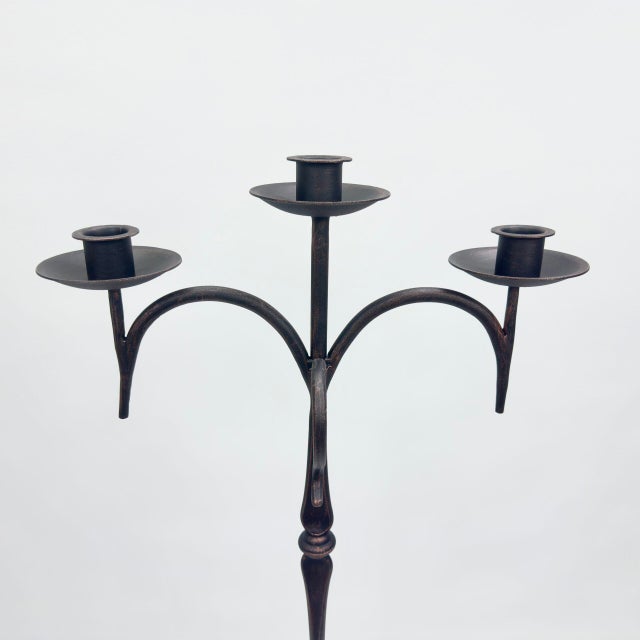 Hand Forged Iron Floor Candelabra 46″ (117cm) Antique Copper or Gold Patina 3-Arm Classic Scroll Candle Holder Rustic Decor For Sale - Image 4 of 11