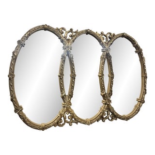 Vintage Mid Century Gold Bassett Triptych Hollywood Regency Oval Wall Mirror For Sale