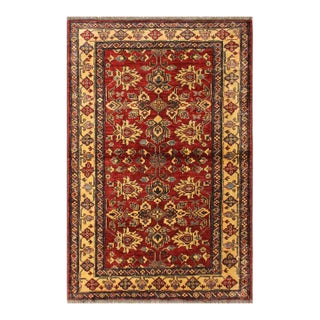 Boho Chic Super Kazak Red/Gold Wool Rug - 4'1'' X 5'5'' For Sale