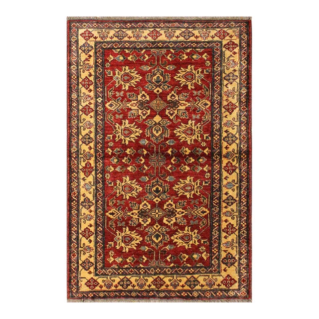 Boho Chic Super Kazak Red/Gold Wool Rug - 4'1'' X 5'5'' For Sale